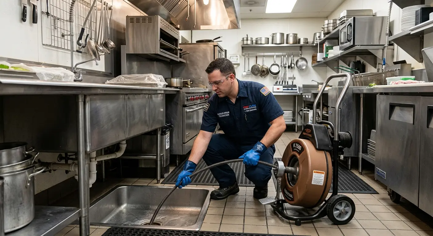 Commercial drain cleaning service in a restaurant kitchen in San Diego