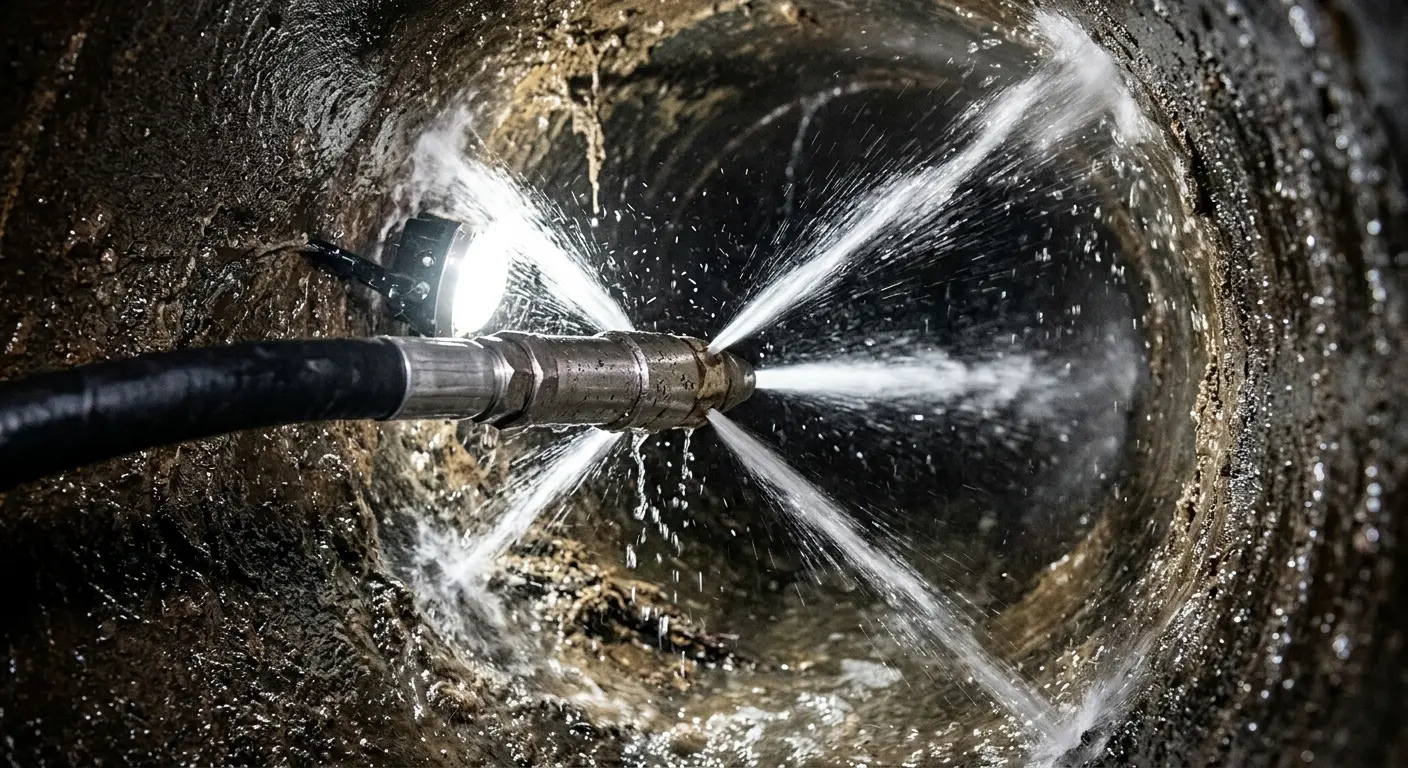 High-pressure hydro jetting nozzle cleaning sewer pipe for Storm Drain Cleaning in San Diego