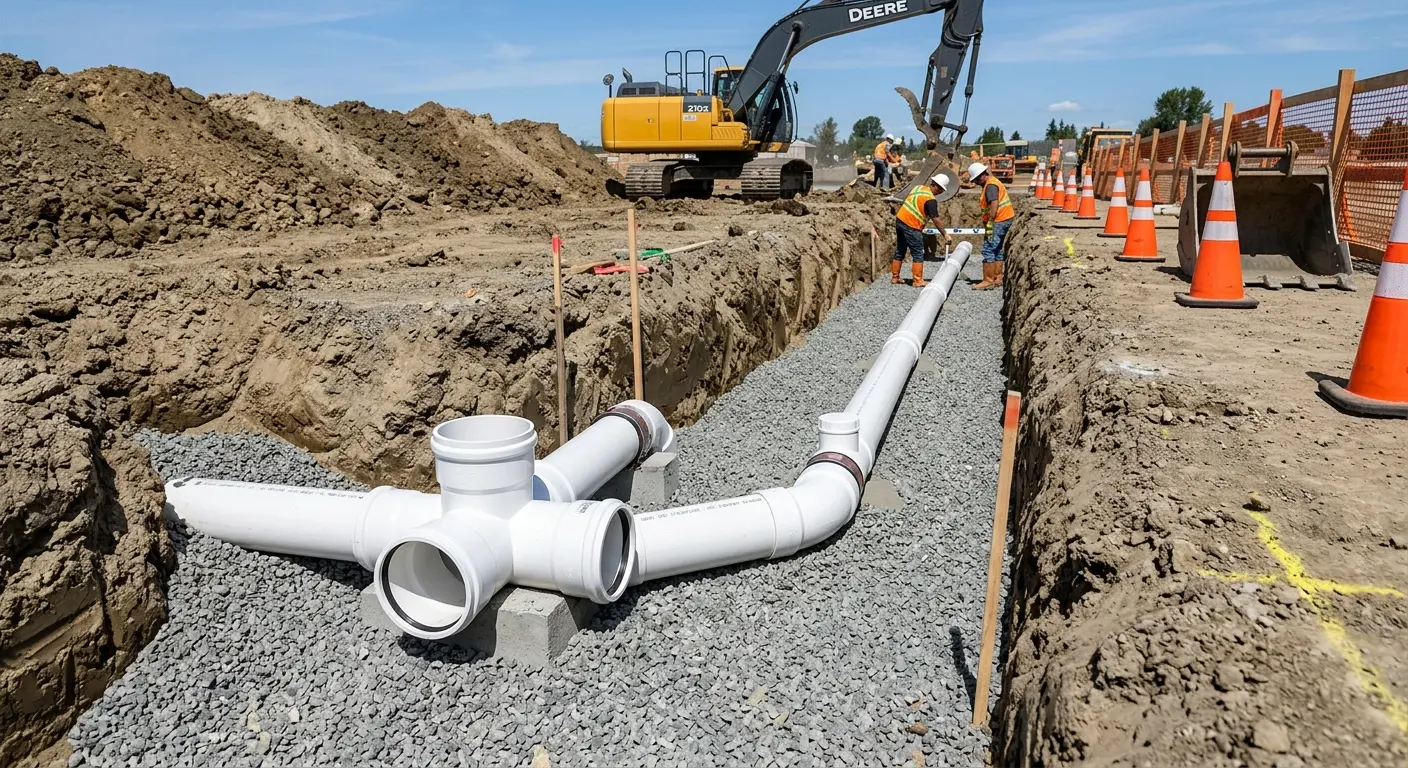 New PVC sewer pipe installation in open trench for Sewer Backup in San Diego