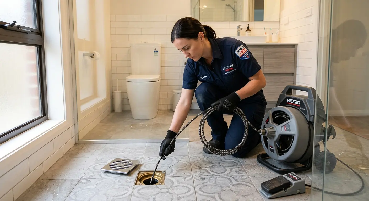 Technician clearing a bathroom floor drain for Drain Cleaning in San Diego